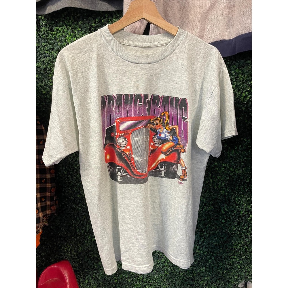 vtg 90s ORANGE BANG COUPE Tshirt // car hot rod oldies skater grunge drink food
